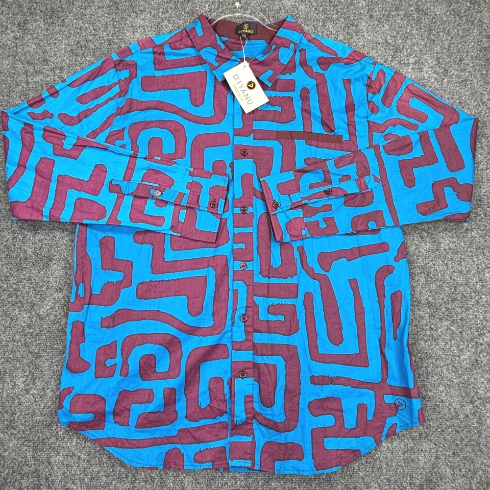 D'Iyanu Mens XXL Blue Purple African Print Long Sleeve Button Down Shirt NWT
